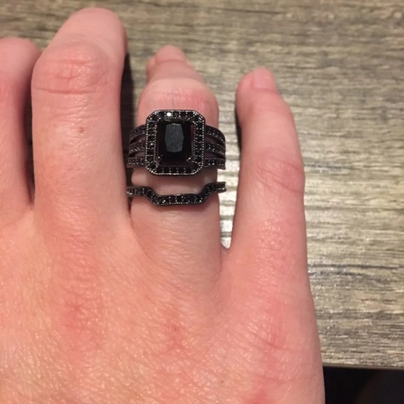 Black Emerald Cut Halo Puzzle Wedding Ring Set - Picture 6 of 7